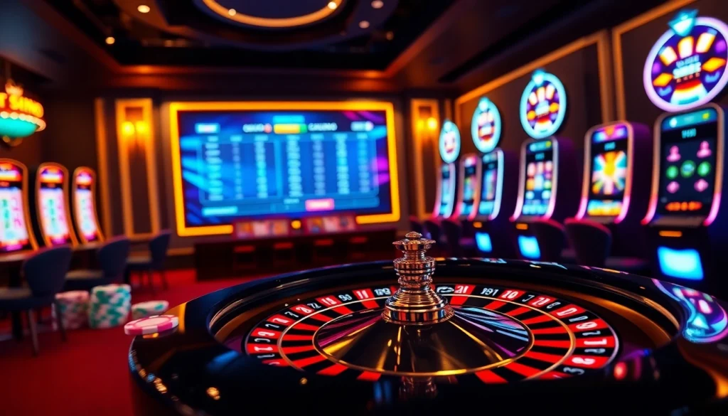 Scène passionnante de casino en ligne argent réel avec une roue de roulette et des machines à sous vibrantes.