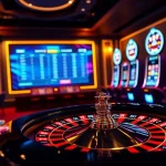 Scène passionnante de casino en ligne argent réel avec une roue de roulette et des machines à sous vibrantes.