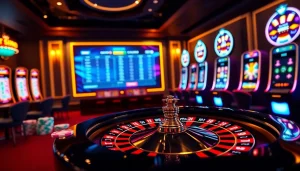 Scène passionnante de casino en ligne argent réel avec une roue de roulette et des machines à sous vibrantes.
