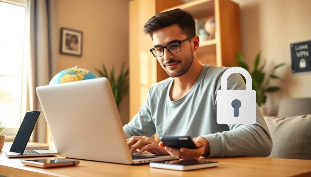 在舒适的家庭工作区连接到快连VPN的人，象征安全与连通性。