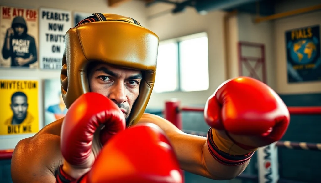 Kämpfer trägt hochwertiges headgear boxing während des Trainings in einem Boxstudio.