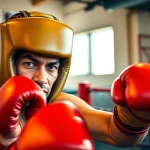 Kämpfer trägt hochwertiges headgear boxing während des Trainings in einem Boxstudio.