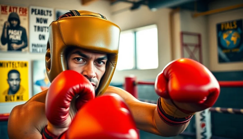 Kämpfer trägt hochwertiges headgear boxing während des Trainings in einem Boxstudio.