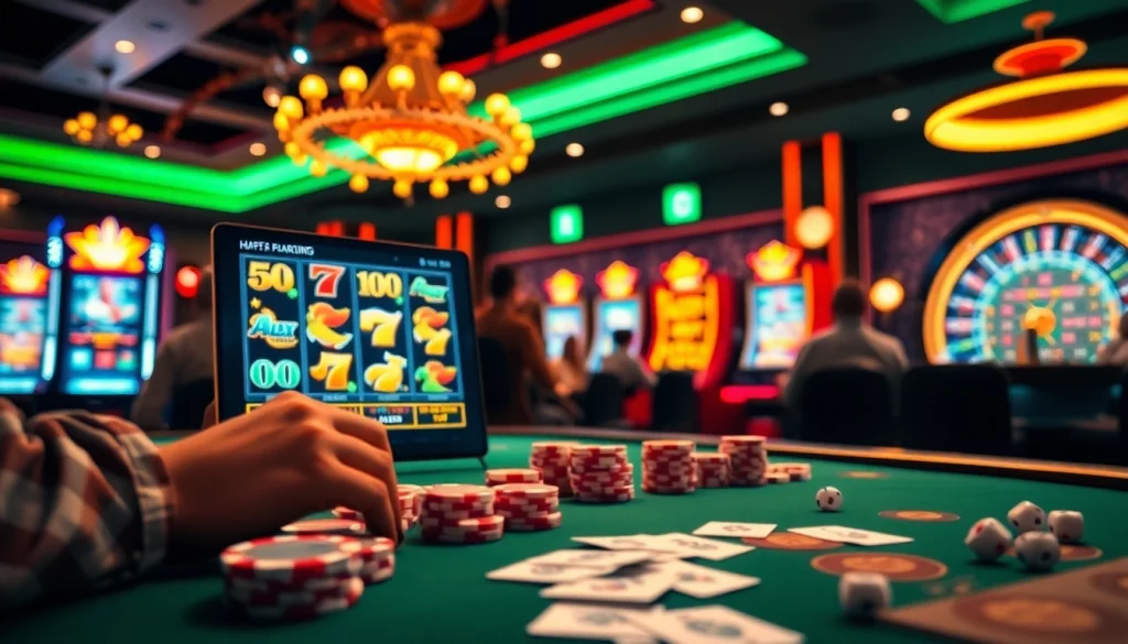 Cette scène illustre un casino en ligne fiable vibrant avec des joueurs engagés à une table de poker et un jeu sur écran tactile.