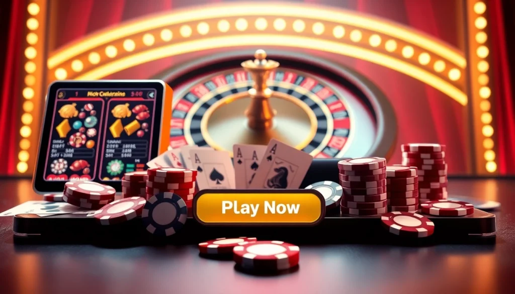 Scène engageante de jeu en ligne avec des machines à sous vibrantes et des jetons de poker pour casino en ligne argent réel.