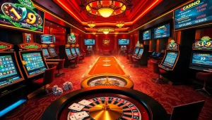 Joueurs profitant de jeux palpitants dans un casino en ligne argent réel luxueux, avec des machines à sous vibrantes et des tables de poker.