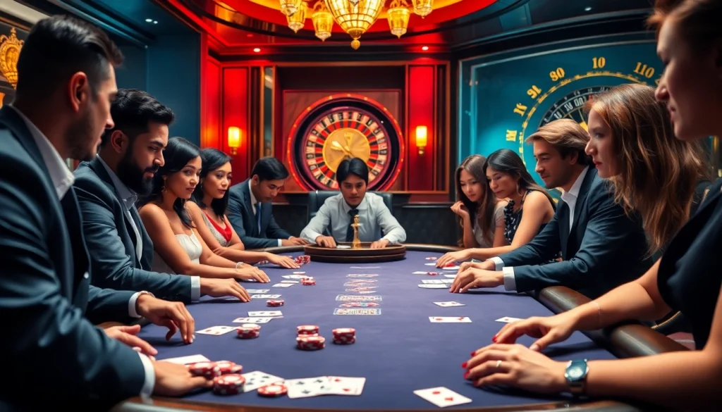 Vivez l'excitation du casino en ligne argent réel avec une scène dynamique de jeu de poker à enjeux élevés.