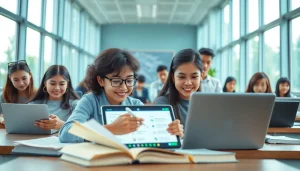 Youdao app in a modern classroom setting, showcasing students engaged with digital learning tools.