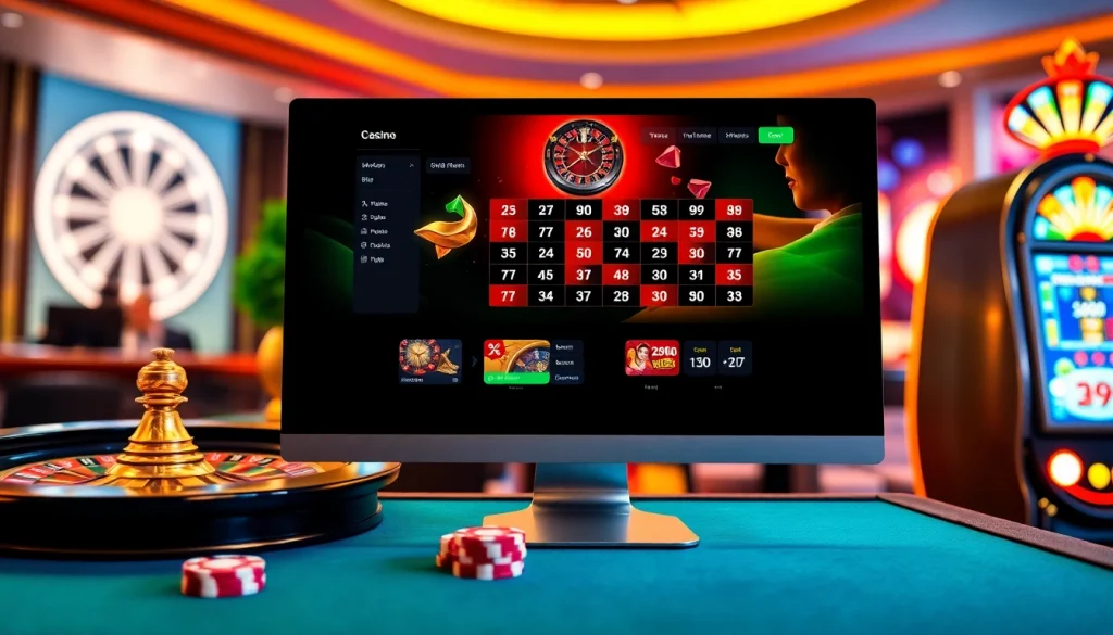 Scène excitante de casino en ligne argent réel avec roulette, jetons de poker et une interface de jeu en ligne élégante.