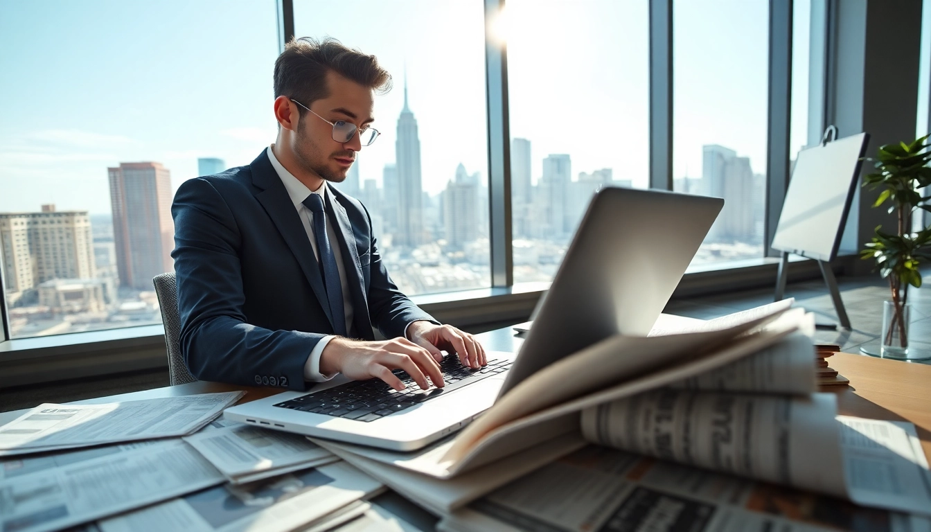 Capturing the essence of news, a journalist focused on reporting in a vibrant office.