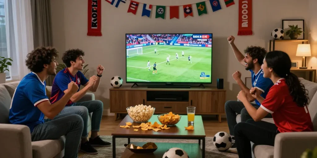 Friends enjoying kora live football match in a lively living room with snacks and jerseys.