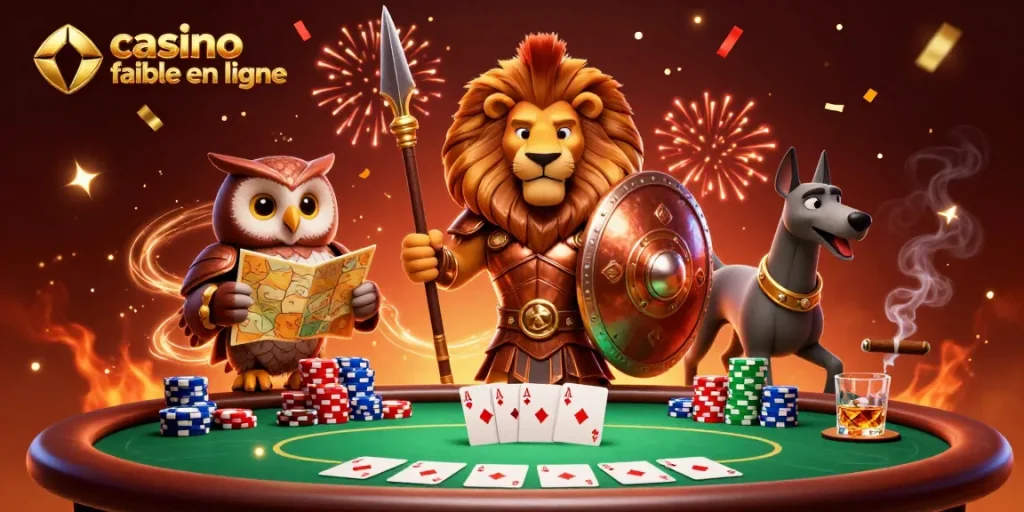 Image illustrant un lion en armure et un hibou stratège jouant au casino fiable en ligne entourés de jetons.