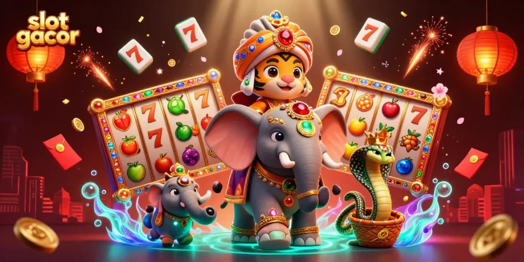 Experience slot gacor action with a vibrant illustration featuring a maharaja tiger and treasures.