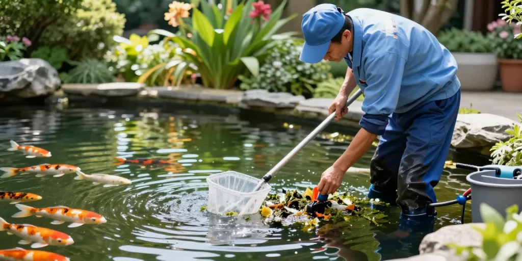 Professional Pond Cleaning Essex service with technician cleaning a vibrant koi pond surrounded by lush plants.