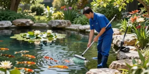 Professional pond cleaning Essex: Expert technician inspecting a pristine koi pond with lush greenery and maintenance tools.