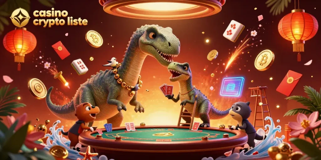 Animation captivante avec la liste des casinos crypto, mettant en scène des pièces et des éléments blockchain.