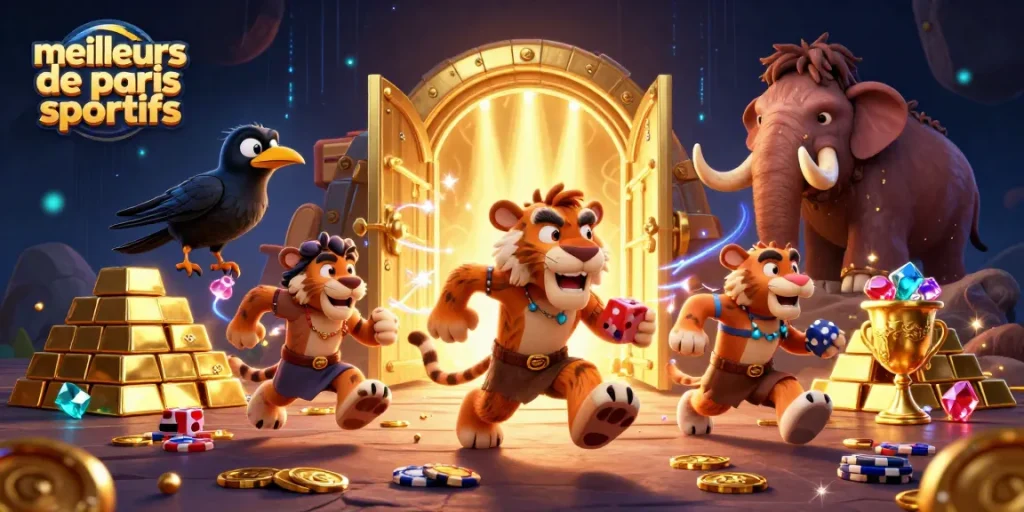 Découvrez les meilleurs sites de paris sportifs avec un rendu 3D captivant illustrant des personnages de casino préhistoriques.