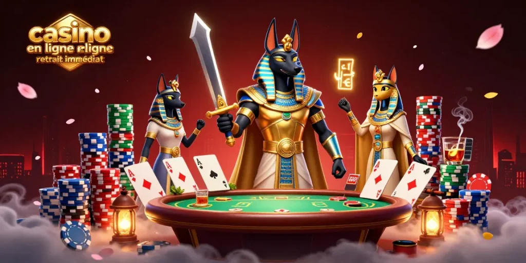 Jouez au casino en ligne retrait immédiat avec ce visuel dramatique de poker et personnages égyptiens