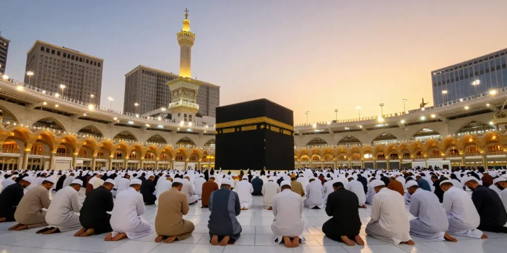 An inspiring scene of Umroh Ramadhan pilgrimage at Mecca with diverse travelers enjoying a spiritual experience, ideal for travel guide and tourism booking.