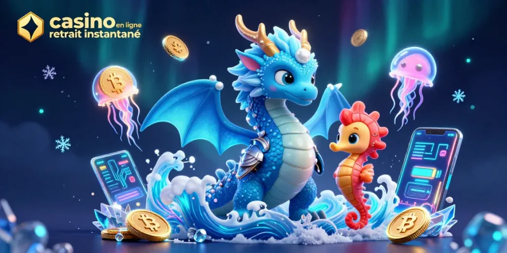 Visuel illustrant le casino en ligne retrait instantané avec un dragon d'eau majestueux et des éléments de jeu captivants.