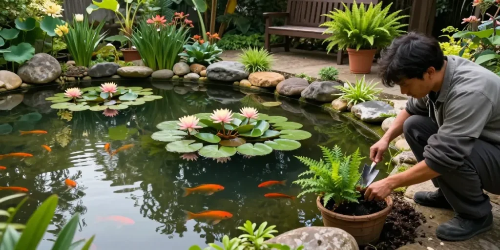 Pond plants including water lilies and lotus flowers beautify a tranquil backyard pond with a gardener planting new flora.