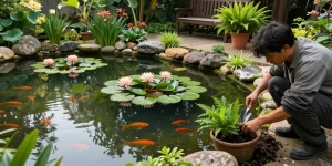 Pond plants including water lilies and lotus flowers beautify a tranquil backyard pond with a gardener planting new flora.