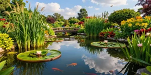 Pond Plants flourishing in a serene garden pond with water lilies and reeds.