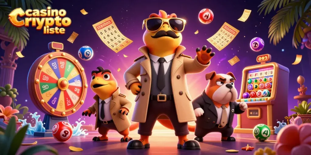 Animation de raptors en trench coat et bulldog contrôlant l'accès au casino crypto liste, ambiance festive.